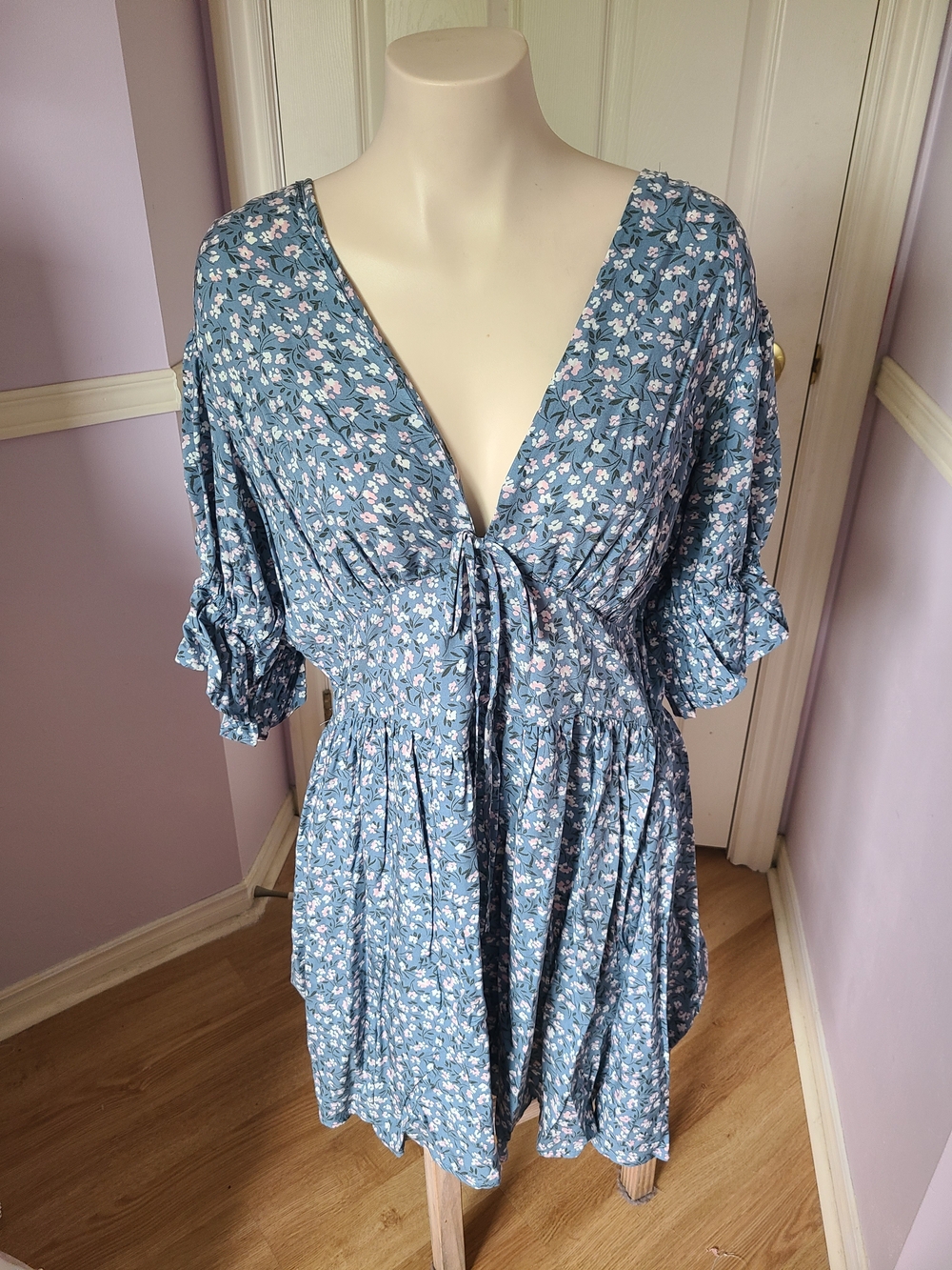 torrid Blue Windy Floral Mini Dress with Pink & White Blooms